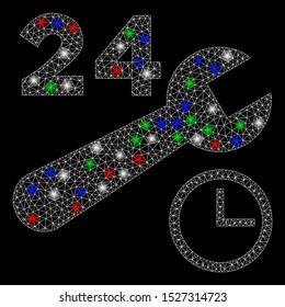Bright mesh nonstop service hours with glare effect. White wire frame polygonal mesh in vector format on a black background. Abstract 2d mesh created from triangles, small circle, colored glare spots.