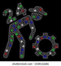Bright mesh nonstop working person with glare effect. White wire frame polygonal network in vector format on a black background. Abstract 2d mesh designed with polygonal grid, round dots,