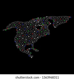 Bright mesh North America map with glare effect. Wire carcass triangular mesh in vector format on a black background. Abstract 2d mesh created from triangular lines, dots, colored glare spots.