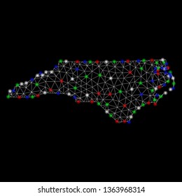 Bright mesh North Carolina State map with glare effect. Wire frame triangular network in vector format on a black background. Abstract 2d mesh designed with triangular lines, small circle,
