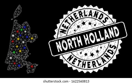 Bright mesh North Holland map with glow effect, and seal. Wire carcass triangular North Holland map mesh in vector format on a black background. White round seal with rubber textures.