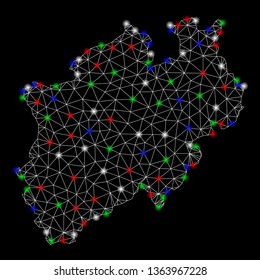 Bright mesh North Rhine-Westphalia Land map with lightspot effect. Wire frame triangular mesh in vector format on a black background. Abstract 2d mesh built from triangular lines, round dots,