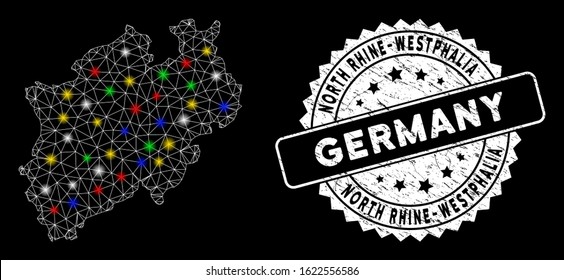 Bright mesh North Rhine-Westphalia Land map with glare effect, and seal. Wire carcass triangular North Rhine-Westphalia Land map mesh in vector format on a black background.