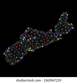 Bright mesh Nova Scotia Province map with lightspot effect. Wire carcass polygonal mesh in vector format on a black background. Abstract 2d mesh designed with polygonal grid, dots,