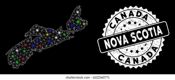 Bright mesh Nova Scotia Province map with glare effect, and rubber print. Wire frame triangular Nova Scotia Province map mesh in vector format on a black background.