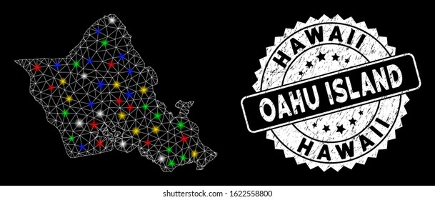 Bright mesh Oahu Island map with lightspot effect, and stamp. Wire carcass polygonal Oahu Island map network in vector format on a black background. White round stamp imprint with distress texture.