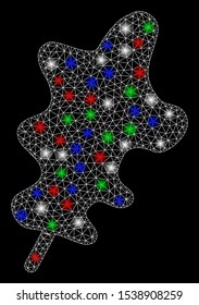 Bright mesh oak leaf with glare effect. White wire frame polygonal network in vector format on a black background. Abstract 2d mesh designed with polygonal grid, small circle, colorful flash spots.