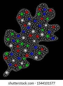 Bright mesh oak leaf with glow effect. White wire carcass polygonal mesh in vector format on a black background. Abstract 2d mesh designed with polygonal grid, dots, colored flare spots.