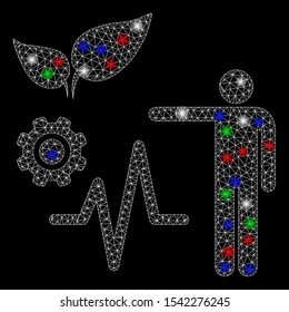 Bright mesh object analysis with glare effect. White wire carcass triangular mesh in vector format on a black background. Abstract 2d mesh designed with triangular lines, dots, colored flash spots.