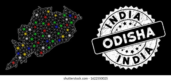 Bright mesh Odisha State map with glare effect, and seal. Wire frame polygonal Odisha State map mesh in vector format on a black background. White round seal stamp with grunge texture.