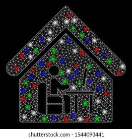 Bright mesh office room with glare effect. White wire carcass polygonal mesh in vector format on a black background. Abstract 2d mesh designed with polygonal grid, points, colored flare spots.