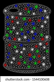 Bright mesh oil barrel with glow effect. White wire frame triangular mesh in vector format on a black background. Abstract 2d mesh designed with triangles, small circle, colored light spots.