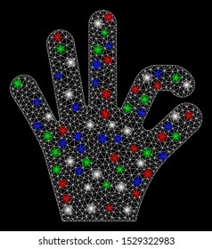 Bright mesh OK gesture with glare effect. White wire frame polygonal mesh in vector format on a black background. Abstract 2d mesh created from polygonal grid, dots, colored flash spots.
