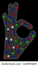 Bright mesh ok gesture with glare effect. White wire carcass triangular mesh in vector format on a black background. Abstract 2d mesh designed with triangular lines, points, colored flash spots.