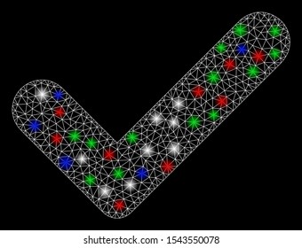 Bright mesh OK with glare effect. White wire carcass polygonal mesh in vector format on a black background. Abstract 2d mesh designed with triangular lines, round dots, colored flash spots.
