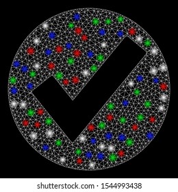 Bright mesh OK mark with glare effect. White wire frame triangular network in vector format on a black background. Abstract 2d mesh designed with polygonal grid, round dots, colorful light spots.