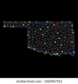 Bright mesh Oklahoma State map with glow effect. Wire carcass triangular mesh in vector format on a black background. Abstract 2d mesh designed with triangles, dots, colorful flash spots.