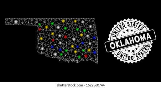 Bright mesh Oklahoma State map with glow effect, and watermark. Wire carcass triangular Oklahoma State map mesh in vector format on a black background. White round rubber seal with grunge surface.