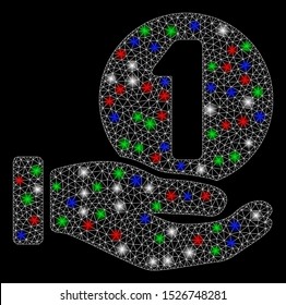 Bright mesh one coin payment hand with lightspot effect. White wire frame polygonal mesh in vector format on a black background. Abstract 2d mesh designed with polygonal grid, dots,