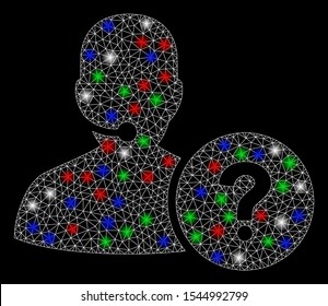 Bright mesh online support with glow effect. White wire carcass triangular mesh in vector format on a black background. Abstract 2d mesh designed with polygonal grid, small circle,
