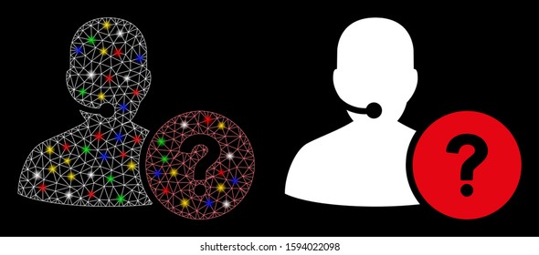 Bright mesh online support icon with lightspot effect. Abstract illuminated model of online support. Shiny wire carcass triangular mesh online support icon. Vector abstraction on a black background.