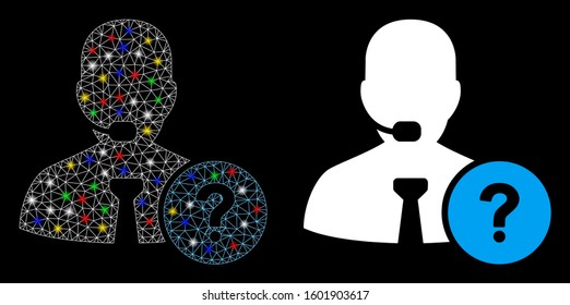 Bright mesh online support icon with glare effect. Abstract illuminated model of online support. Shiny wire frame triangular mesh online support icon. Vector abstraction on a black background.