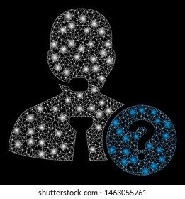 Bright mesh online support with lightspot effect. Abstract illuminated model of online support icon. Shiny wire carcass polygonal mesh online support. Vector abstraction on a black background.