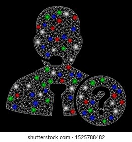 Bright mesh online support with lightspot effect. White wire carcass triangular network in vector format on a black background. Abstract 2d mesh designed with triangular lines, spheric points,