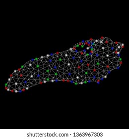 Bright mesh Ontario Lake map with glare effect. Wire frame polygonal mesh in vector format on a black background. Abstract 2d mesh designed with polygonal grid, small circle, colored flare spots.
