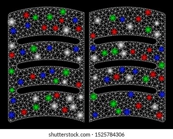 Bright mesh open book with glow effect. White wire carcass triangular mesh in vector format on a black background. Abstract 2d mesh designed with triangular lines, spheric points,