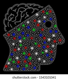 Bright mesh open brain with glow effect. White wire carcass polygonal network in vector format on a black background. Abstract 2d mesh designed with polygonal grid, spheric points,