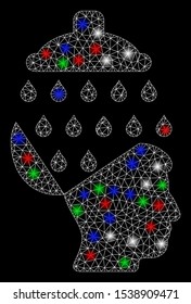 Bright mesh open brain shower with glow effect. White wire carcass triangular mesh in vector format on a black background. Abstract 2d mesh designed with polygonal grid, dots, colorful flare spots.