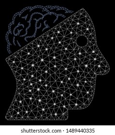 Bright mesh open brain with sparkle effect. Abstract illuminated model of open brain icon. Shiny wire carcass triangular mesh open brain. Vector abstraction on a black background.