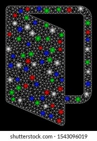 Bright mesh open door with glare effect. White wire frame triangular mesh in vector format on a black background. Abstract 2d mesh designed with triangular lines, small circle, colored flash spots.