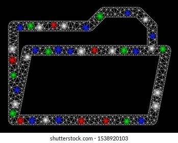 Bright mesh open folder with glare effect. White wire carcass triangular mesh in vector format on a black background. Abstract 2d mesh designed with polygonal grid, round dots, colorful flash spots.