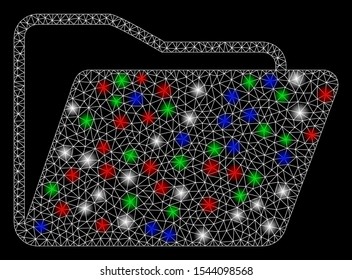 Bright mesh open folder with glare effect. White wire frame triangular mesh in vector format on a black background. Abstract 2d mesh built from polygonal grid, spheric points, colored glare spots.