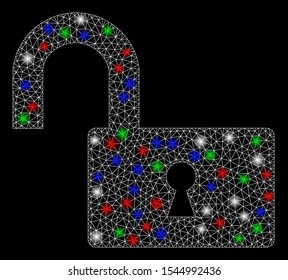 Bright mesh open lock with glow effect. White wire carcass polygonal mesh in vector format on a black background. Abstract 2d mesh designed with polygonal grid, points, colorful flare spots.