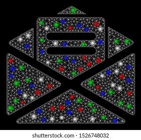 Bright mesh open mail with glare effect. White wire carcass triangular network in vector format on a black background. Abstract 2d mesh created from triangular lines, small circle,