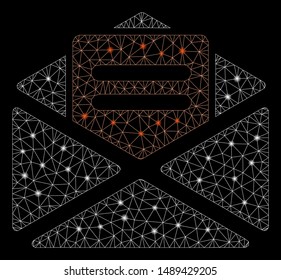 Bright mesh open mail with sparkle effect. Abstract illuminated model of open mail icon. Shiny wire carcass triangular mesh open mail. Vector abstraction on a black background.