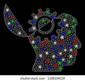 Bright mesh open mind gear with lightspot effect. White wire carcass triangular mesh in vector format on a black background. Abstract 2d mesh designed with triangular lines, points,