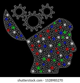 Bright mesh open mind gears with lightspot effect. White wire frame triangular network in vector format on a black background. Abstract 2d mesh designed with triangular lines, dots,