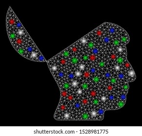 Bright mesh open mind with glare effect. White wire frame triangular mesh in vector format on a black background. Abstract 2d mesh designed with triangles, dots, colored flash spots.
