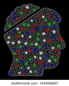 Bright mesh open mind with glare effect. White wire carcass triangular mesh in vector format on a black background. Abstract 2d mesh built from triangular lines, round dots, colored glare spots.
