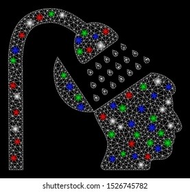 Bright mesh open mind shower with glare effect. White wire frame triangular mesh in vector format on a black background. Abstract 2d mesh designed with triangular lines, small circle,