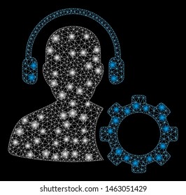 Bright mesh operator configuration gear with glare effect. Abstract illuminated model of operator configuration gear icon. Shiny wire carcass polygonal mesh operator configuration gear.