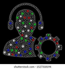 Bright mesh operator configuration gear with glow effect. White wire frame triangular mesh in vector format on a black background. Abstract 2d mesh designed with triangular lines, points,