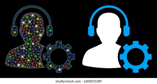 Bright mesh operator configuration gear icon with glare effect. Abstract illuminated model of operator configuration gear. Shiny wire carcass polygonal mesh operator configuration gear icon.