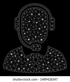 Bright mesh operator with glare effect. Abstract illuminated model of operator icon. Shiny wire frame triangular mesh operator. Vector abstraction on a black background.