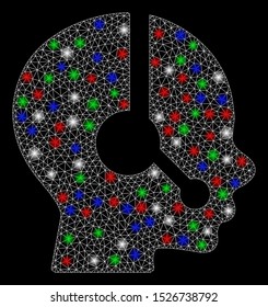 Bright mesh operator with glare effect. White wire frame polygonal network in vector format on a black background. Abstract 2d mesh designed with polygonal grid, small circle, colorful flare spots.