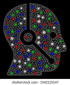 Bright mesh operator with glare effect. White wire carcass polygonal network in vector format on a black background. Abstract 2d mesh designed with polygonal grid, points, colored flash spots.